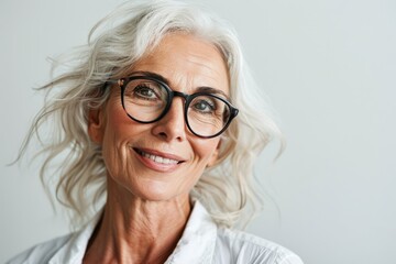 Closeup portrait of smiling senior woman with eyeglasses looking at camera