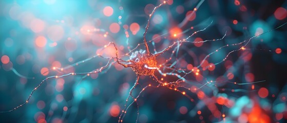 Visualizing Neural Network Activity in Cognitive Diseases: A D Rendering of Electrical Impulses Between Neurons. Concept Cognitive Diseases, Neural Network Activity, 3D Rendering - obrazy, fototapety, plakaty