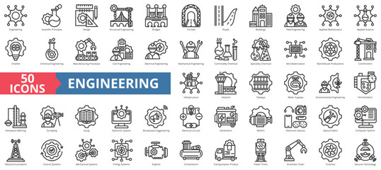 Engineering icon collection set. Containing scientific principles, design, structural, bridges, tunnels, roads, buildings icon. Simple line vector.