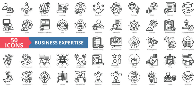 Business expertise icon collection set. Containing practice, competence, knowledge, skill, experience, practice, technique icon. Simple line vector.