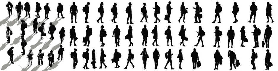 Collection of an axonometric view of  varied black silhouettes of people walking, in a style of architectural illustration, isolated in transparent background
