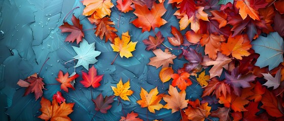 A fall landscape with colorful leaves on the ground symbolizing awareness for Alzheimers dementia and Parkinsons diseases. Concept Fall Landscape, Colorful Leaves, Awareness, Alzheimer's Dementia - obrazy, fototapety, plakaty