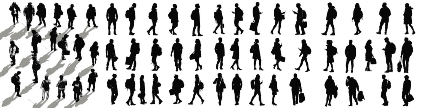 Collection Of An Axonometric View Of  Varied Black Silhouettes Of People Walking, In A Style Of Architectural Illustration, Isolated In Transparent Background