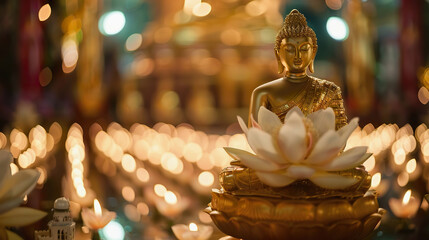Golden Buddha Statue on Lotus with Soft Light Background