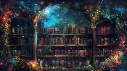 Enchanted library shelf where each book cover is a portal to its own universe, vibrant and alive - obrazy, fototapety, plakaty
