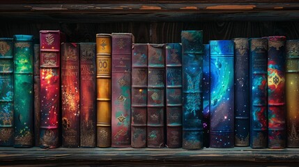 Enchanted library shelf where each book cover is a portal to its own universe, vibrant and alive - obrazy, fototapety, plakaty