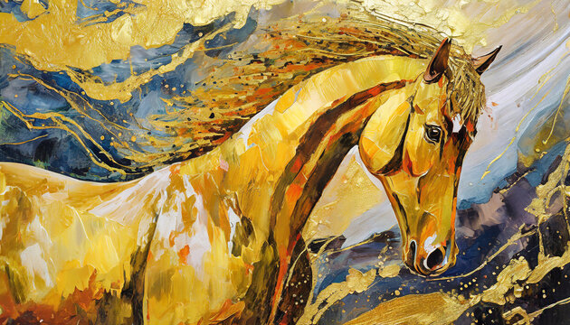 A painting of abstract oil. Art painting, gold, horse, canvas, wall art, modern artwork