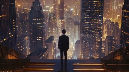 A man in a suit stands at the base of a grand staircase in the lobby of his luxury highrise looking out at the vibrant city below. . . - obrazy, fototapety, plakaty