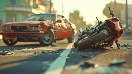 Horrible car accident on a city highway, with a broken motorcycle on the ground and a dented car after a collision. Drama due to reckless driving at dusk. - obrazy, fototapety, plakaty