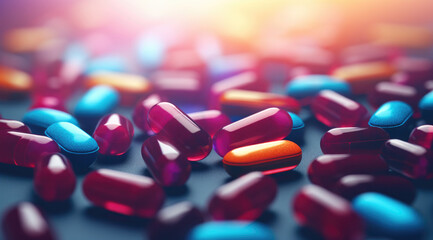 Healthcare and medical, pharmacy and medicine, antidepressant and vitamin concept. Group of 3d pills and medicine capsules flying. Close-up of painkillers in motion dynamics