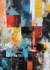 Abstract multicolor painting with geometric shapes, grunge distressed textures. Oil on canvas. Contemporary painting. Modern poster for wall decoration