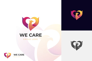 Eagle Love logo icon design with heart birds graphic symbol for animal brand care or identity branding logo template