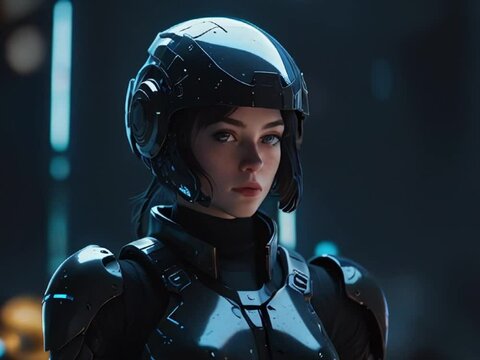 girl with blue glowing eyes in an elegant white and black cyborg armor with mechanic parts and futuristic helmet,