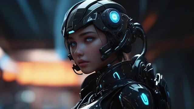 girl with blue glowing eyes in an elegant white and black cyborg armor with mechanic parts and futuristic helmet,