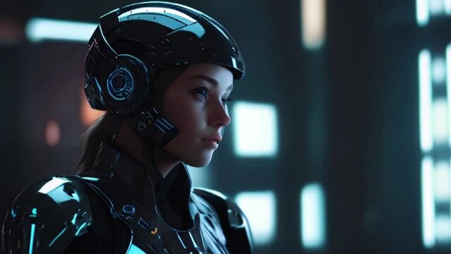 girl with blue glowing eyes in an elegant white and black cyborg armor with mechanic parts and futuristic helmet,