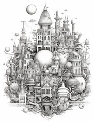 Fairytale castle with many fairytale castles. Fantasy illustration for children.