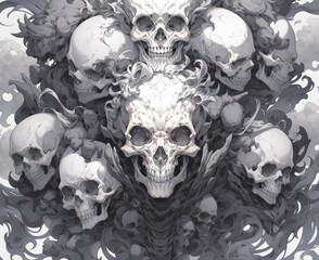 Skulls in the smoke. 3d illustration. Monochrome.