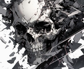 Skull made of broken glass on white background.
