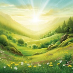 Summer landscape with meadow, flowers and sun. Digital painting.