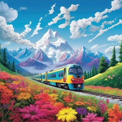 Train on the meadow with flowers and mountains.