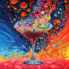 Cocktail in a martini glass on a colorful background.