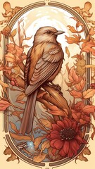 Vintage vector illustration of a bird sitting on a branch with autumn leaves