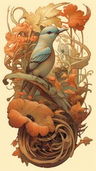 Vintage illustration of a bird sitting on a branch among autumn flowers