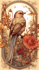 Vintage card with a bird sitting on a branch of a rose bush