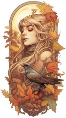 Illustration of a girl with a raven in her hand. Autumn background