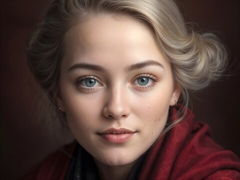 blonde woman with blue eyes and elegant classic hairstyle, freckles, smiling, small silver earrings, crimson shawl over her shoulders - Powered by Adobe
