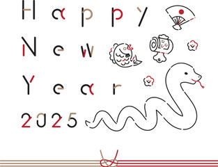 2025年　線画アイコン年賀状　巳年　水引き　Happy new year