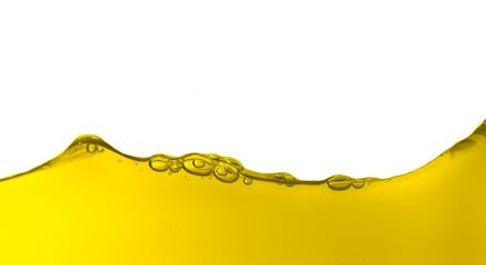 Vegetable oil surface, liquid oil ripple splash ,bubbles against white background.	