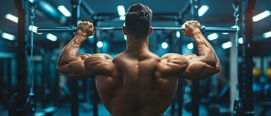 Strengthening Back Muscles: A Bodybuilder Performing Lat Pulldown Exercise. Concept Fitness, Back Muscles, Bodybuilding, Lat Pulldown, Exercise - obrazy, fototapety, plakaty