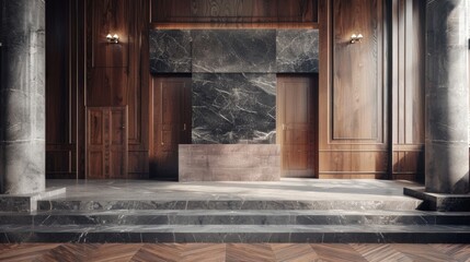 Fototapeta na wymiar As the old wooden doors of the lecture hall creak open the sight of the marble podium immediately takes center stage. Its regal presence . .