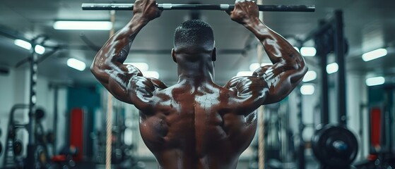 Fototapeta na wymiar A bodybuilder at the gym doing a lat pulldown exercise to work on their back muscles. Concept Strength Training, Back Workout, Lat Pulldown, Bodybuilding Fitness, Gym Exercises