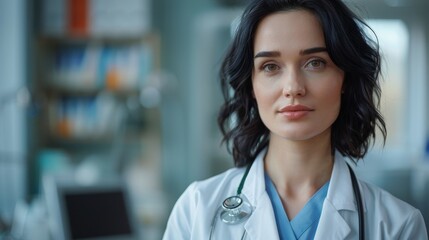 Young caring female doctor worriedly listens to patient during online consultation. Caucasian blackhaired woman in white medical coat listens to patient and nods her head earnestly, Generative AI