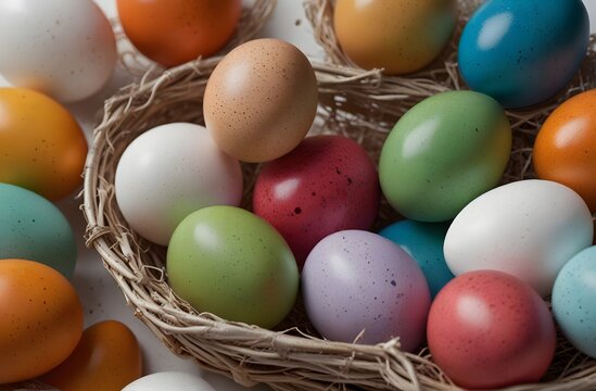  Colorful easter eggs in basket isolated on white background 