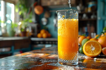 Vibrant Expressionist Orange Juice Pouring into a Tall Glass from a Pewter Pitcher with Floral Accents in a Bright Airy Kitchen - obrazy, fototapety, plakaty