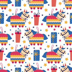 Pinata seamless vector pattern. Surprise for kids, funny toy and gift boxes. Paper horse, colorful presents, stars confetti. Items for birthday party, carnival. Rainbow Mexican piñata, flat background