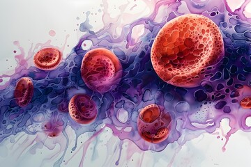 Vibrant Watercolor Depiction of Blood Cells in Fluid Motion with Intricate Stippling Technique