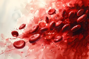 Graceful Crimson Cells Watercolor Depiction of Fluid Blood Anatomy with Elegant Movement and Transparent Washes - obrazy, fototapety, plakaty