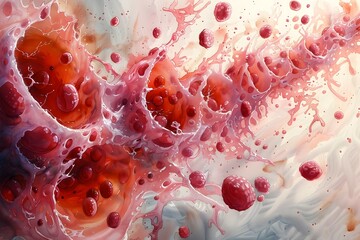 Watercolor of Developing Red Blood Cells in Bone Marrow with Soft Diffused Colors and Subtle Textures