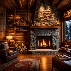 Warm stone fireplace in mountain cabin