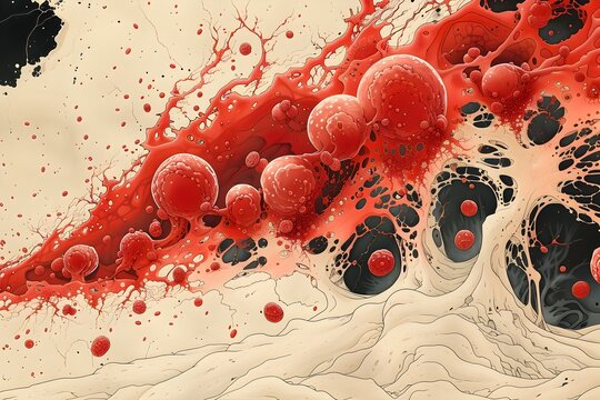 Rapidly Dividing Red Blood Cell Precursors in Stylized Sketch of Bone Marrow Microstructure