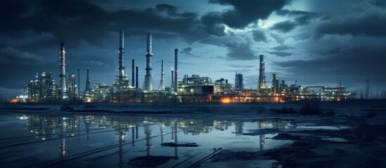 Fototapeta premium Industrial factory close up view with billowing smoke from chimneys, indicating heavy pollution