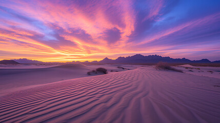 desert sunset, the sky painted with a spectrum of purple and pink