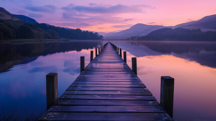 A rustic wooden pier extends out into a tranquil lake its mirrored surface reflecting the deep purples and pinks of a stunning sunset. . .