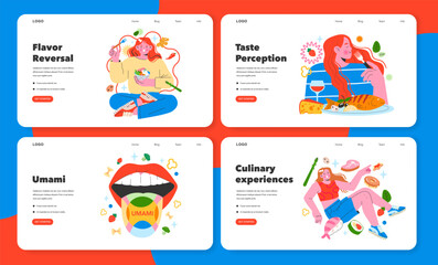 Exploring Taste set. Illustrating flavor reversal whimsy, taste perception depth, the savory delight of umami, and varied culinary experiences. Vector illustration for food lovers - 774551573