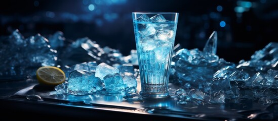 Glass filled with ice cubes and garnished with a fresh lemon slice, placed on a rectangular tray