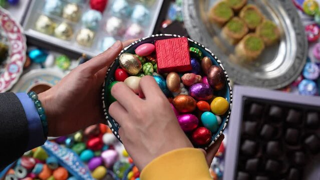Colorful Ramadan Feast Candy and Chocolate Video in Traditional Ottoman Cuisine Desserts, Eid Celebration Video Among Family with Sugar and Chocolate, &Uuml;sk&uuml;dar Istanbul, Turkiye (Turkey)